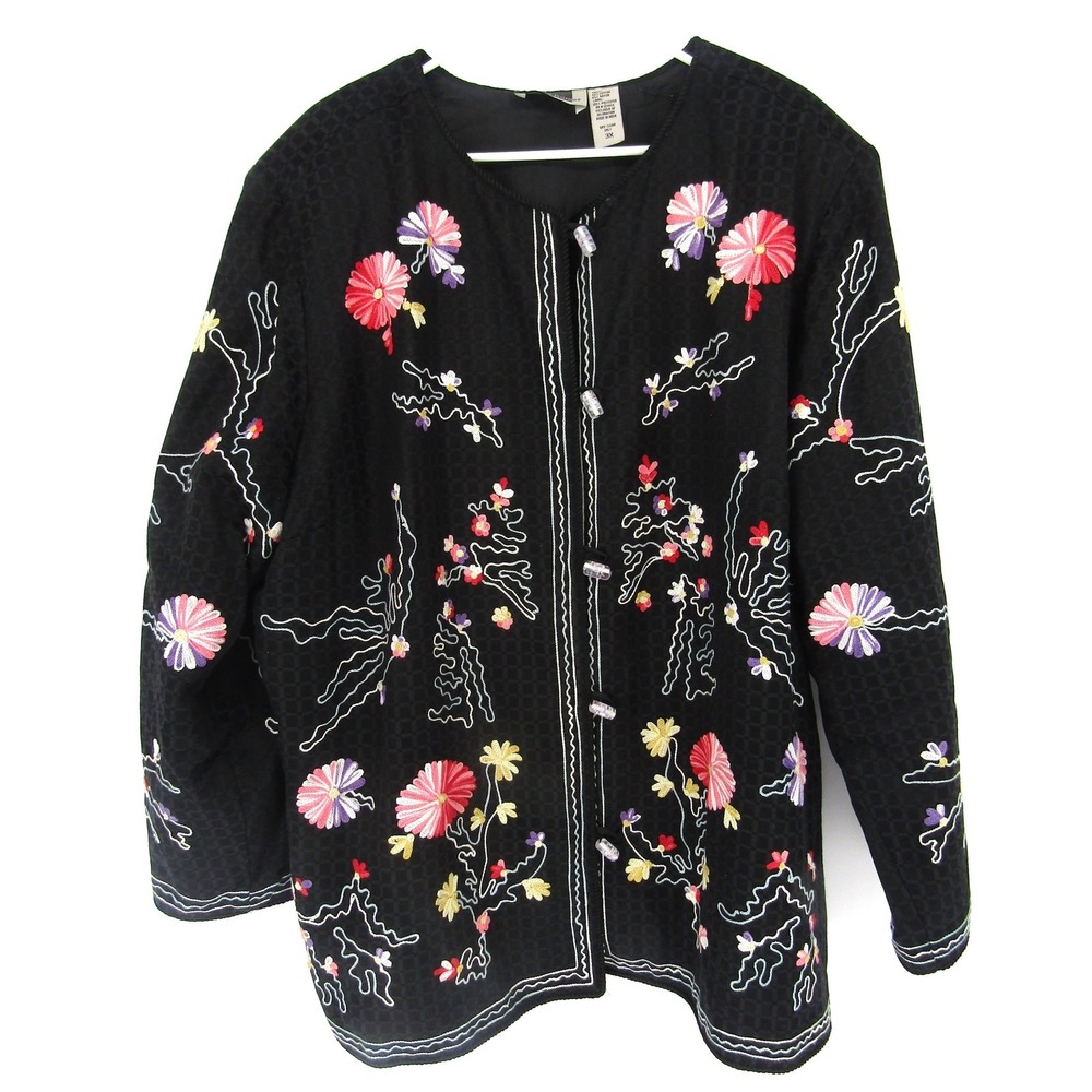 Maggie Barnes Embroidered Jacket Womens 3X Black Floral Button Cotton Blend